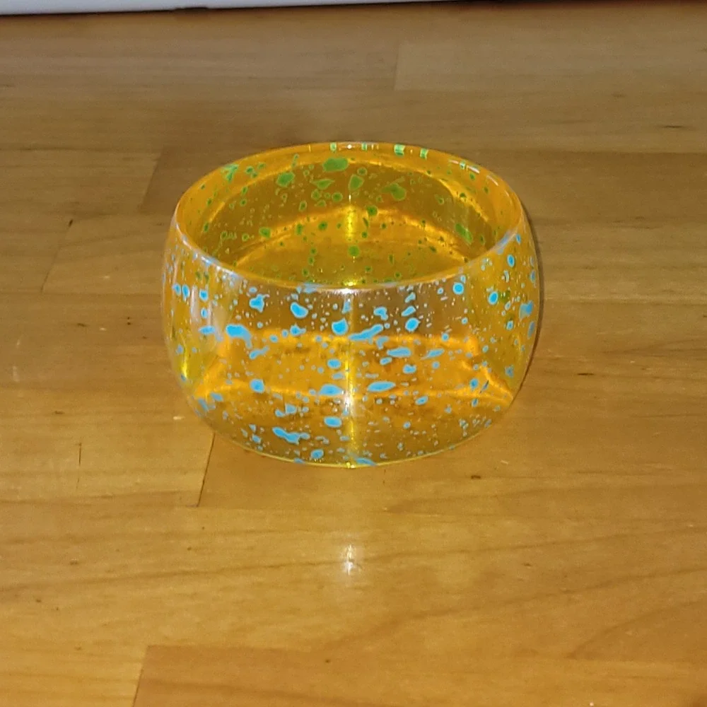 Chunky Amber Resin Bangle Bracelet Blue Splatter Wide Lucite Style 2.5 Inch